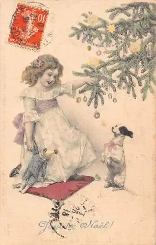 L102 Weihnachtsgrüße 1910 Mädchen spielt Puppe Hund Baum Vintage Postkarte