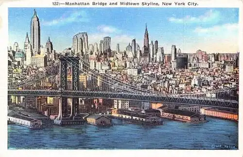 A970 US Manahattan Bridge und Midtown Skyline New York City Vintage Postkarte