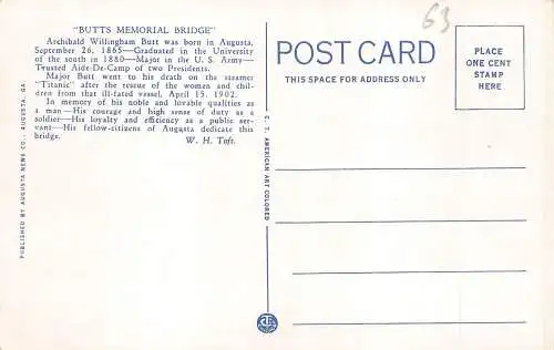 A970 US Butt Memorial Bridge Augusta Georgia Major Archie Portrait Postkarte