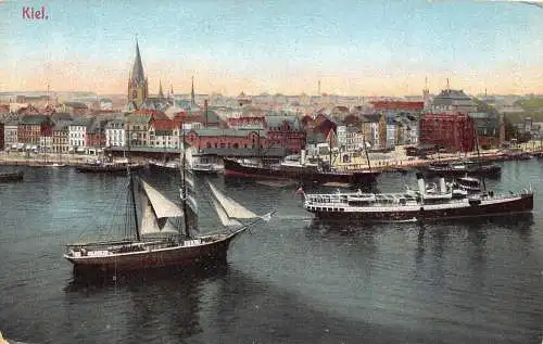 A138 Deutschland Kiel Segelboot Dampfschiff Hafen Vintage Postkarte