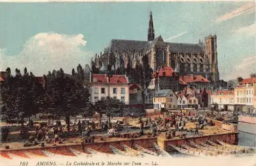 C066 Frankreich Amiens La Cathedrale et le Marche sur l'eau Vintage Postkarte
