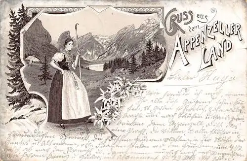 A134 Schweiz 1893 Gruss aus Appenzeller Land Edelweiß Frau Baum Postkarte