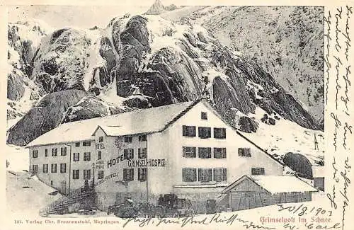 A134 Schweiz 1903 Grimselpost Schnee Hotel Grimsel Hospiz Berg Postkarte