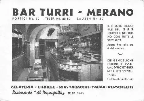 A132 Italien 1955 Reklame Bar Turri Meran Gelateria Tabak Restaurant Postkarte