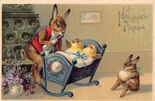 L230 Ostergrüße vermenschlichtete Hasen Küken geprägte Fantasy Postkarte