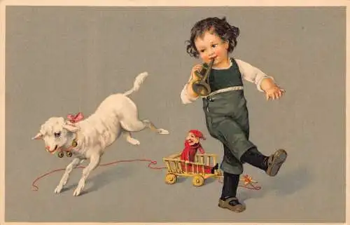 L230 Ostergrüße Junge Trompete Clown Spielzeug Lamm Fantasy Postkarte