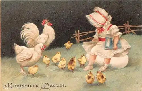 L230 Ostergrüße Mädchen mit Küken Henne Hahn Prägepostkarte