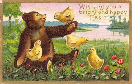 L230 Ostergrüße 1910 Bär spielt Küken Blumen geprägt Fantasy Postkarte