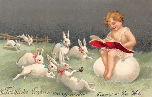 L230 Ostergrüße Mädchen Buch Ei Hasen vermenschlicht Fantasie Prägepostkarte