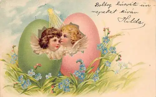 L230 Ostergrüße 1902 Mädchen Cherubs Eier Blumen Litho Fantasy Postkarte