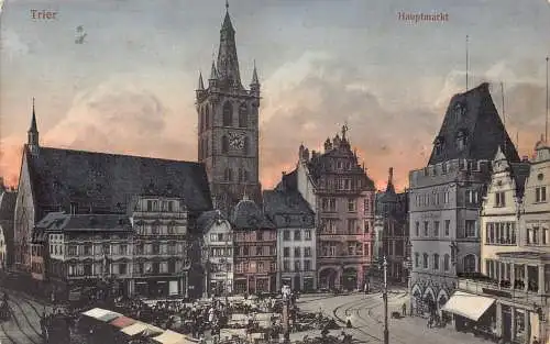 L210 Deutschland 1915 Trier Hauptmarkt Geschäfte Markt Ambert Gerne Vintage Postkarte