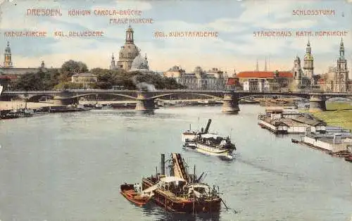 L209 Deutschland 1913 Dresden Koenigin Carola Brücke Dampfschiff Schlossturm Postkarte