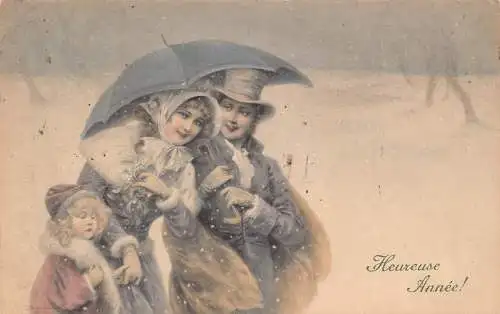L370 Neujahrsgrüße 1906 Familie Regenschirm Schnee Vintage Postkarte