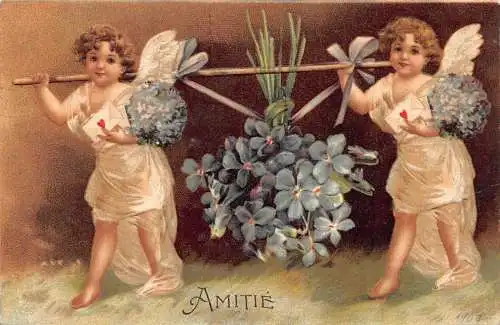 L252 Beste Wünsche 1907 Cherubs Amor Brief Blumen Fantasy Postkarte