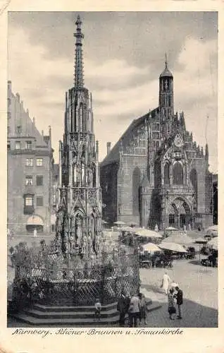 L212 Deutschland 1955 Nürnberg Goldener Brunnen und Kirche Heiliger Jungfrau Postkarte