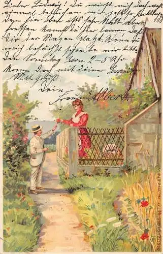 L213 Deutschland 1901 Mann schenkt einer Blumenfrau im Hof Litho Vintage Postkarte
