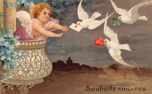 L252 Beste Wünsche 1909 Cherub Amor Brief Herz weiße Tauben Fantasy Postkarte