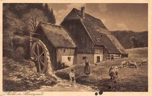 L211 Deutschland Wassermühle im Schwarzwald Kinder Schafe Vintage Postkarte