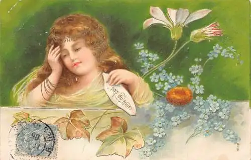 L093 Frankreich Grüße 1905 Mädchen Blumen Jugendstil geprägt Vintage Postkarte