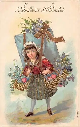 L093 Frankreich Grüße Mädchen Blumen Riesen Geschenkbox geprägt Vintage Postkarte