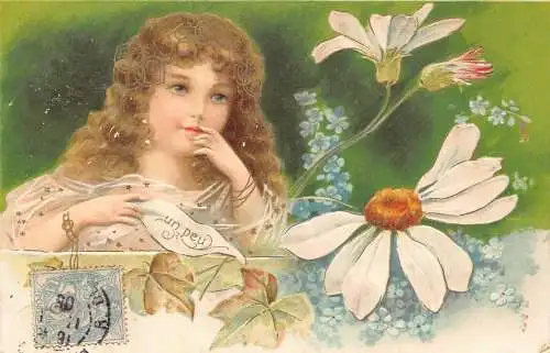 L093 Frankreich Grüße 1905 Mädchen Gänseblümchen Blumen Jugendstil Prägepostkarte