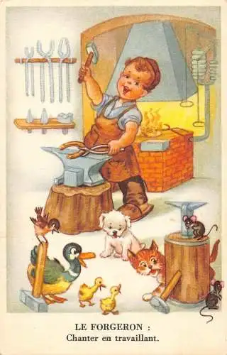 L093 Frankreich Junge Schmied Tiere Hund Enten Mäuse Katze Comic Vintage Postkarte