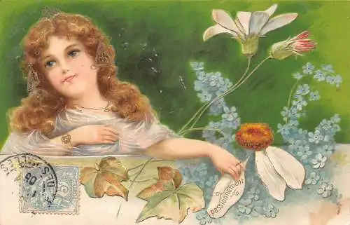 L093 Frankreich Grüße 1905 Mädchen Gänseblümchen Blumen Jugendstil Prägepostkarte