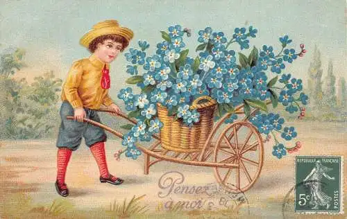 L093 Frankreich Grüße 1908 Junge Vergissmeinnicht Blumen Prägepostkarte