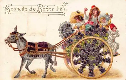 L093 Grüße 1905 Kinder Clown alegorischer Wagen Blumen Prägepostkarte