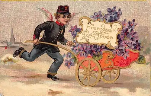 L093 Frankreich 1907 Junge Cherub Blumen Wagen Happy New Year Vintage Postkarte