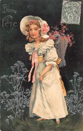 L093 Frankreich Grüße 1907 Mädchen Korb Blumen geprägt Vintage Postkarte