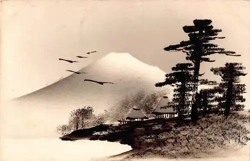 L270 Japan Kunst Silhouette Küste Berg Fuji Vögel Baum handbemalte Postkarte