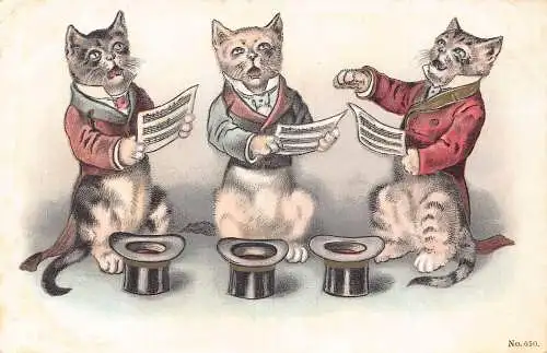 L396 Katzen singen drei Tenöre vermenschlicht Vintage Postkarte