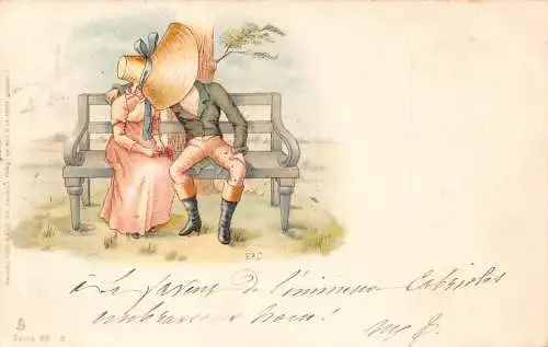 L396 Dame Riesenhut Paar küsst 1903 Litho Vintage Postkarte