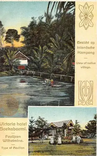 L281 Indonesien Niederländisch-Ostindien Ureinwohnerdorf Victoria Hotel Pavillon Postkarte