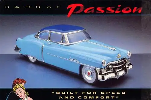 L286 Automobile Autos der Leidenschaft Geschwindigkeit und Komfort blau Cadillac Postkarte