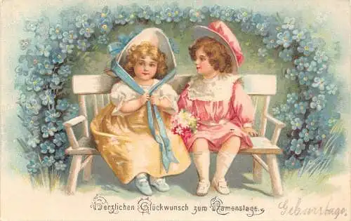 L252 Geburtstagsgrüße Kinder Paar Blumen geprägte Postkarte