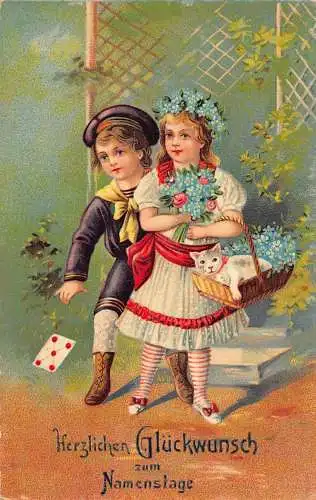 L252 Geburtstagsgrüße 1909 Kinder Katze Korb Rosen Blumen Postkarte