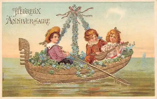 L252 Geburtstagsgrüße Kinder Allegorikboot Mandoline Blume geprägt Postkarte