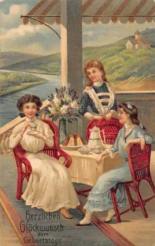 L252 Geburtstagsgrüße 1912 Damen Kuchen Tee Blumen geprägte Postkarte