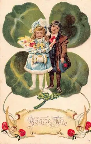L252 Geburtstagsgrüße 1908 Kinder Kleeblatt Glück Blumen geprägte Postkarte