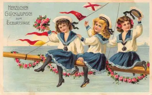 L252 Geburtstagsgrüße 1910 Mädchen Matrosen Kostüm Rose Blumen Prägepostkarte