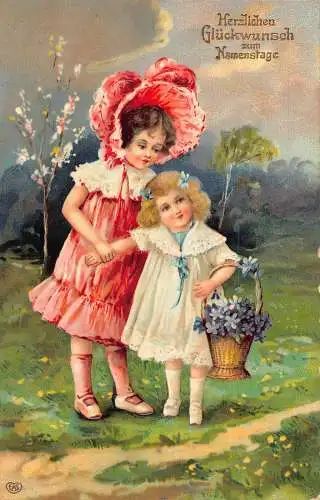 L252 Geburtstagsgrüße 1909 Mädchen Korb Blumen Postkarte