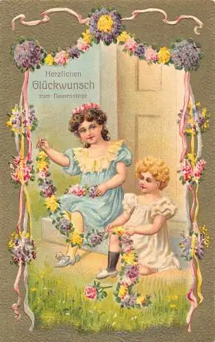 L252 Geburtstagsgrüße 1913 Mädchen Rosen Blumen geprägte Postkarte