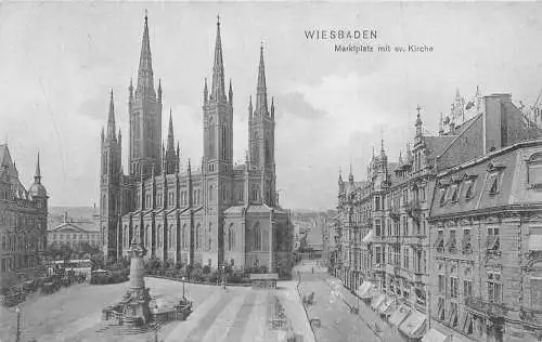 Deutschland Wiesbaden Marktplatz Evangelische Kirche Vintage Postkarte