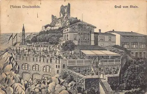 Deutschland Plateau Drachenfels Gruss vom Rhein Burgruine Vintage Postkarte