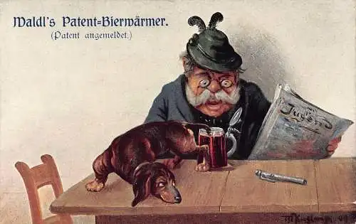 Dackel Comic Humor Hund Mann Bier trinken Vintage Postkarte