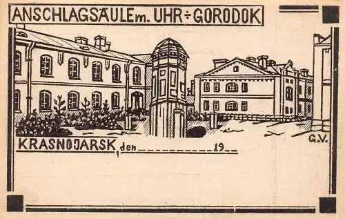 Russland Krasnojarsk Anschlagsaule m uhr Gorodok Kriegsgefangene Postkarte