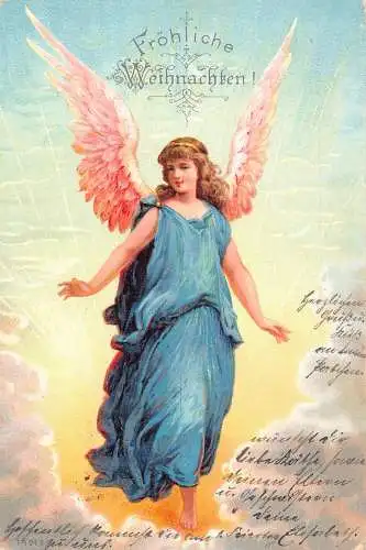 Weihnachtsgrüße 1898 Engel in Wolken Sonnenuntergang Litho Vintage Postkarte