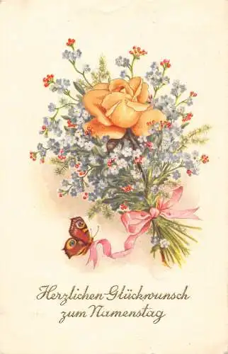 Namenstag Grüße 1952 Rose Vergissmeinnicht Blumenstrauß Schmetterling Postkarte